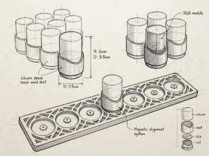 Hand-drawn design sketch illustrating the structural layout and wooden base integration for a modular rechargeable flameless candle system.