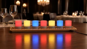 Set of 7 rechargeable flameless light cores glowing on a carved bamboo dock with magnetic brass contacts while charging via an optional cable.