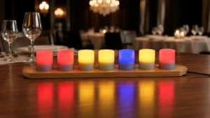 Set of 7 rechargeable flameless light cores glowing on a plain bamboo dock with magnetic brass contacts while charging via an optional cable.
