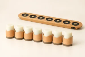 rechargeable-flameless-candle-7-pack-bamboo-plain-dock A 7-pack rechargeable flameless candle set featuring seven beech wood pods lined up in front of a 7-slot plain bamboo charging dock with magnetic contacts, offering up to 30-hour and 48-hour runtime versions.