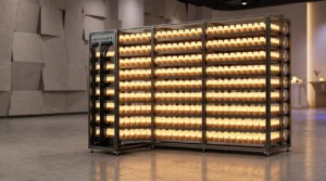 rechargeable-flameless-candle-batch-charging-rack-system-1 Custom commercial batch charging tower with multi-tier sliding trays holding 1,008 glowing rechargeable candles in a hospitality venue.