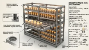 Detailed 3D rendering and technical specifications of a commercial batch charging rack system for flameless candles, capable of charging 1,008 units.