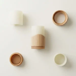 Top-down view of disassembled modular parts of a rechargeable flameless candle, crafted from non-toxic silicone light cores and natural beech wood shells.