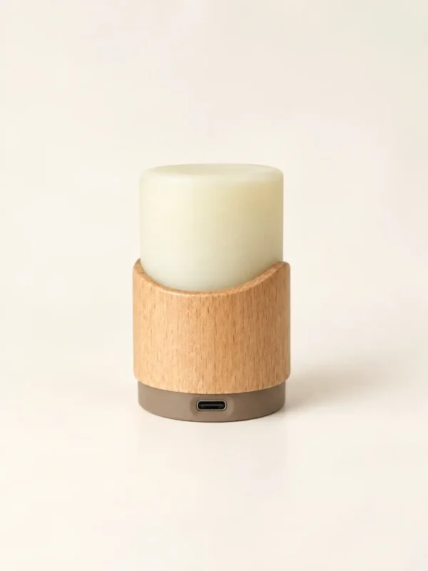 A single rechargeable flameless candle featuring a silicone light core mounted on a beech wood pod with a built-in backup battery, showing its USB Type-C charging port and offering 30-hour and 48-hour runtime versions.
